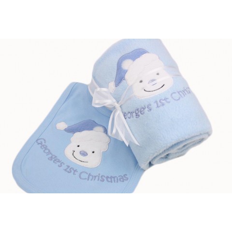 Personalised Baby Boy First 1st Christmas Blanket & Bib Gift Set Personalised Baby Boy First 1st Christmas Blanket & Bib Gift Set
